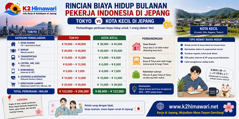 Rincian Biaya Hidup Bulanan Pekerja Indonesia di Tokyo vs Kota Kecil di Jepang